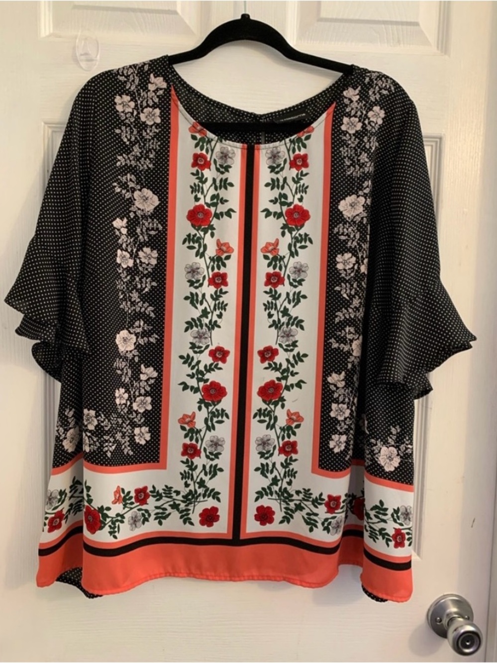 Liz Claiborne Black Polka Dot & Floral Border Blouse with Coral Trim